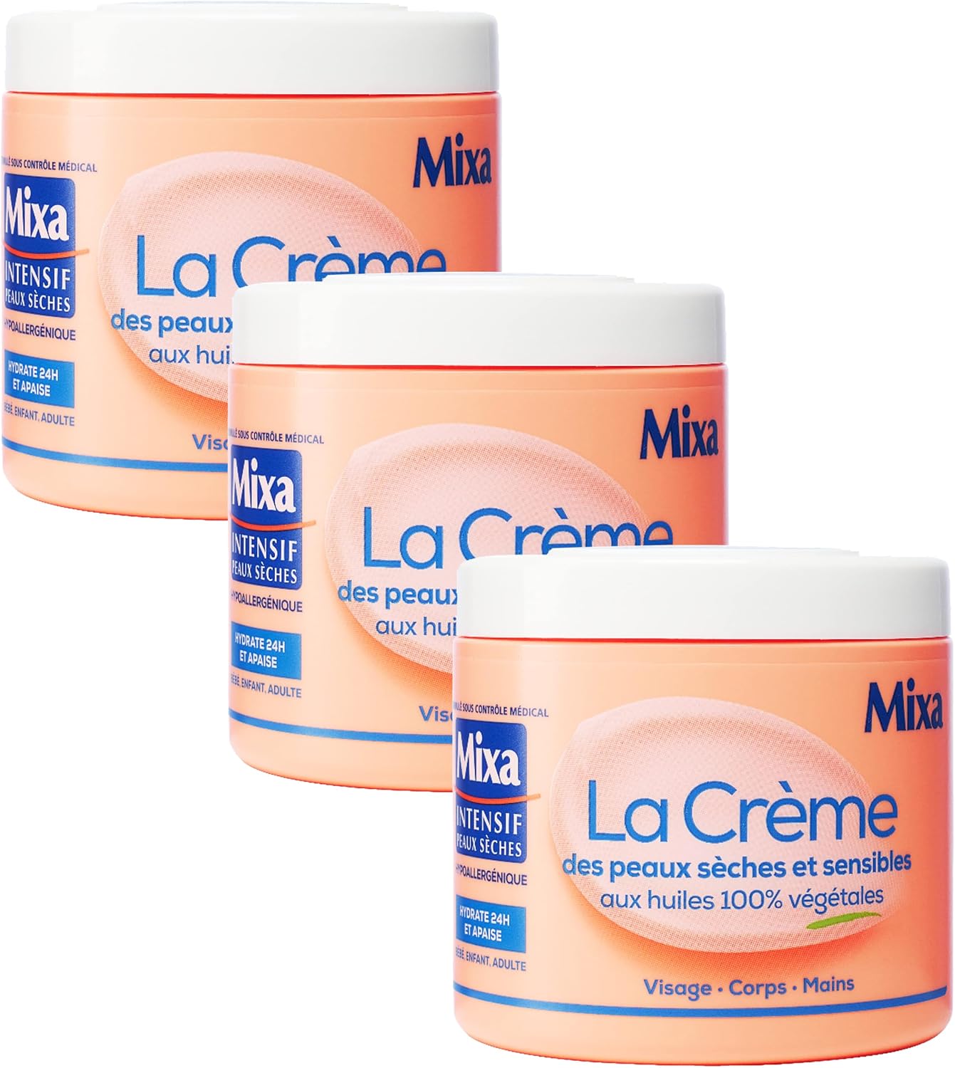 Mixa Intensif Peaux Sèches - La Crème des Peaux Sèches et Sensibles - Multi Usage Visage, Corps, Mains, Pieds - Nourrit 24h et Apaise - Pénétration Rapide - Hypoallergénique - Pot 400 ml (Lot de 3) - Image 1