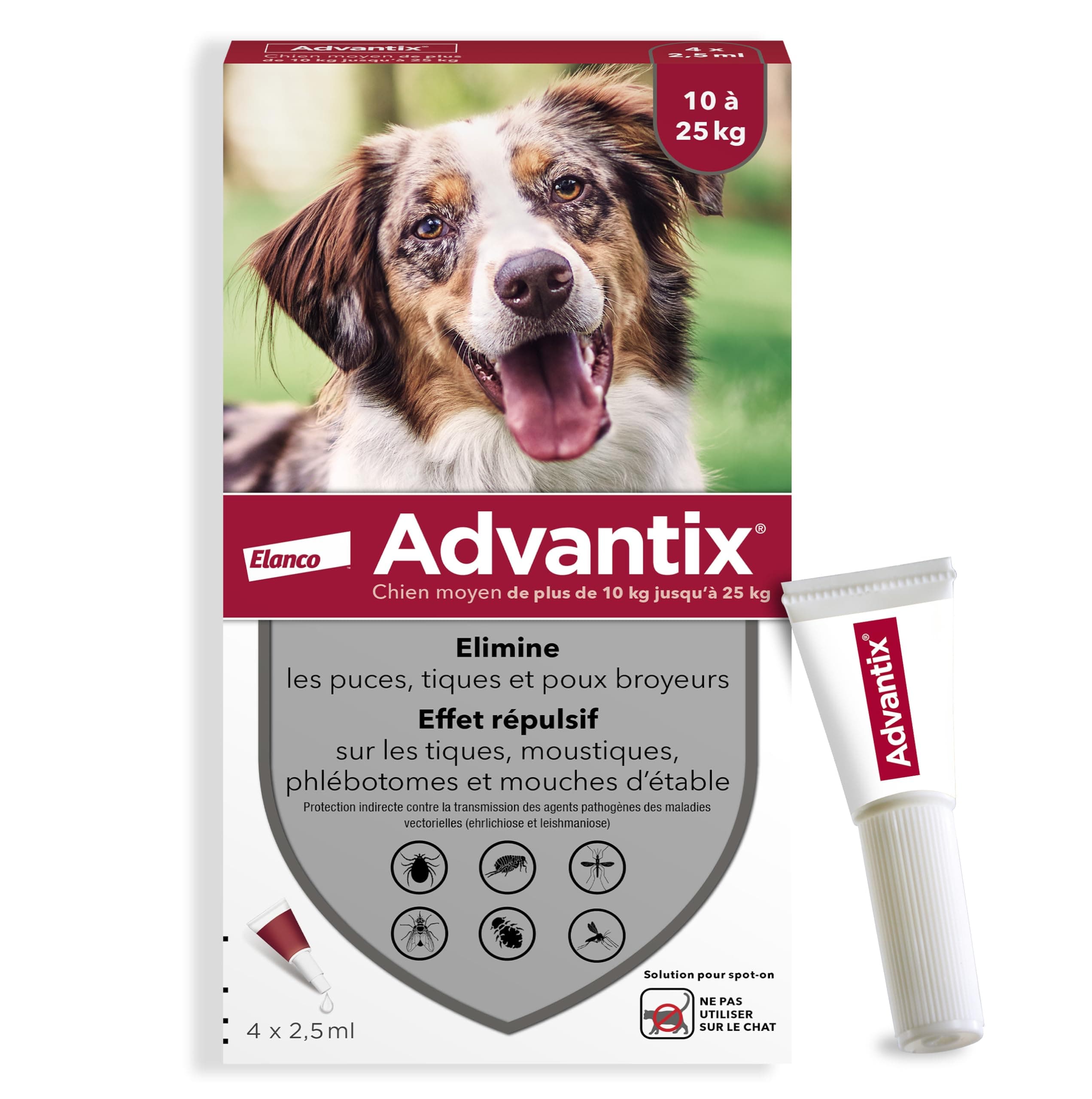 Advantix Medium dog between 10 and 25 kg - Dog pipettes against 6 parasites - Treatment and protection for your pet for 4 weeks - 4 x 2 ml
