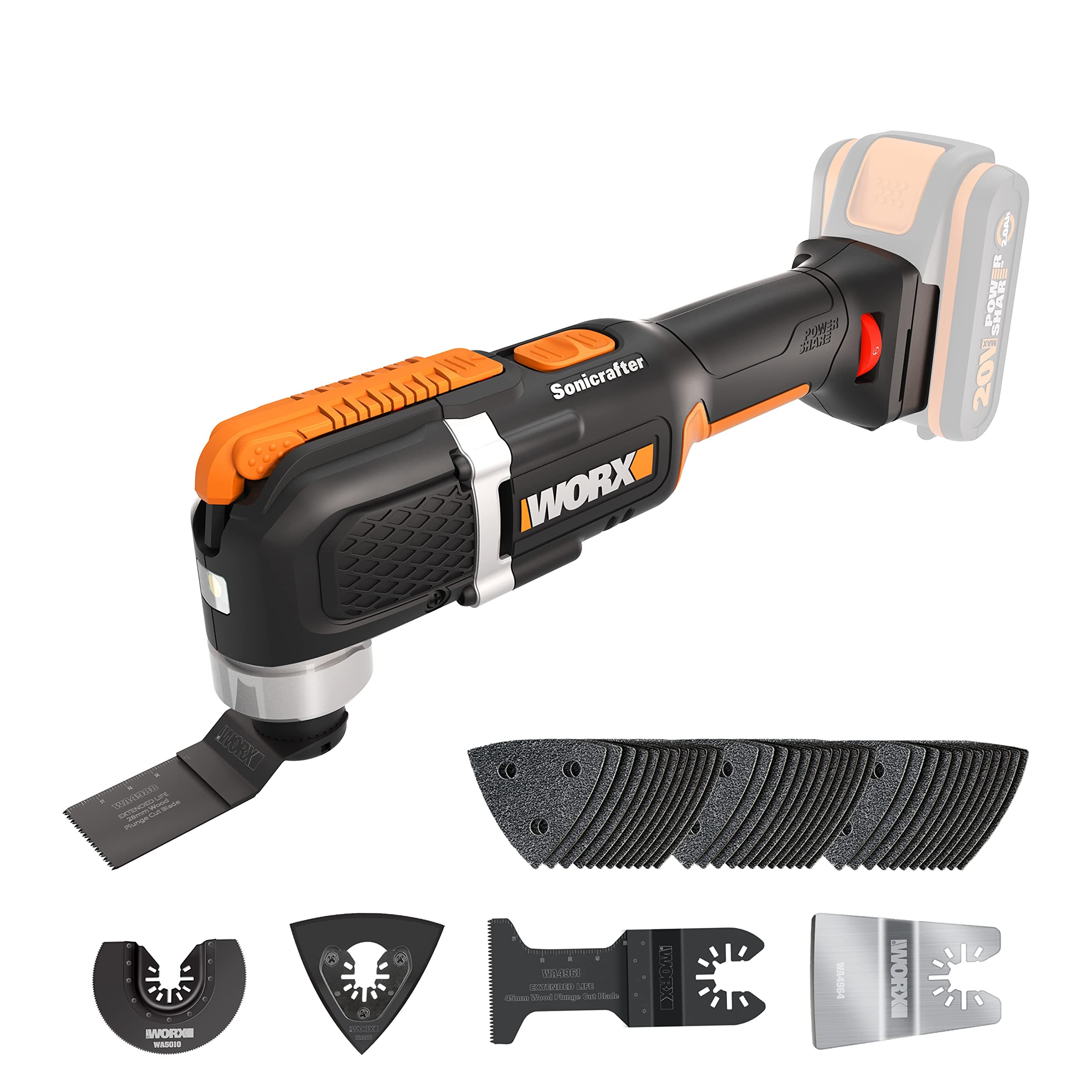 WORX 20V WX696.9 Cordless Oscillating Tool, Powerful 5000/6000rpm, 3.6° Wide Angle Oscillating Oscillating Tool, Easy Blade Change, Lightweight, No Battery or Charger