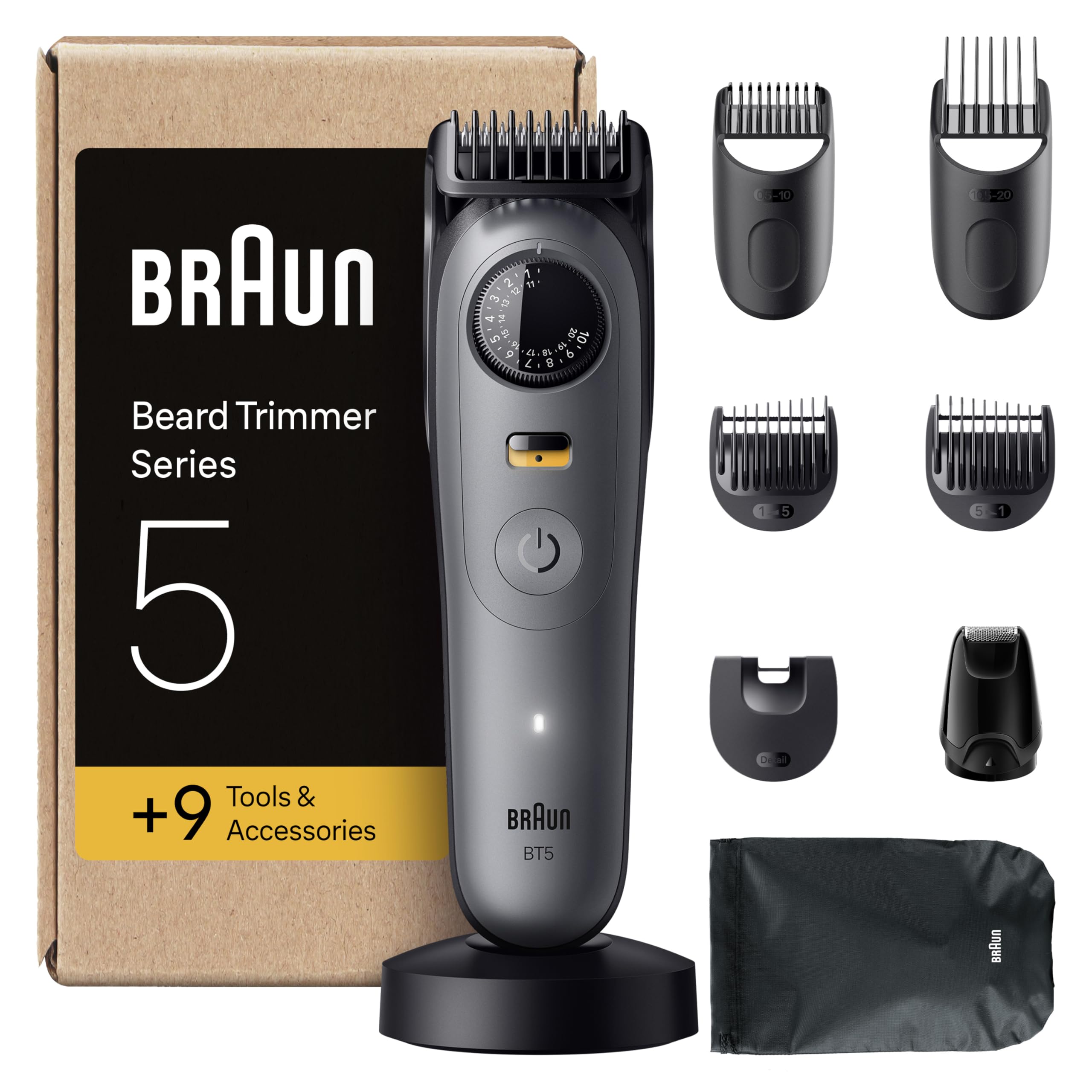 Braun Series 5 Beard Trimmer + 9 Styling Tools, Ultra-Sharp Blade, 120 Min Runtime, 40 Lengths, Waterproof, Precision Wheel and Lock, BT5565, Grey - Image 1