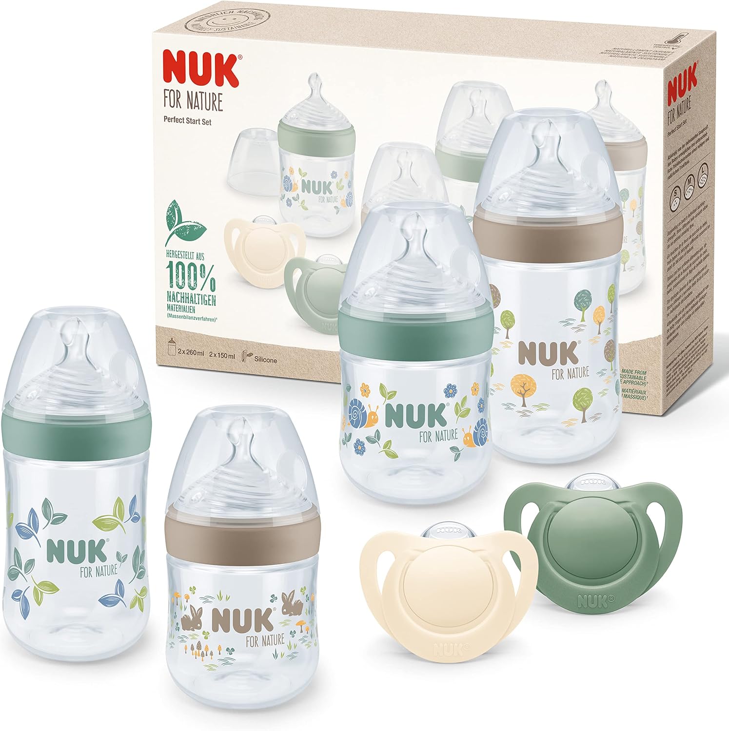 NUK for Nature Perfect Start Baby Bottle Set | 0-18 Months | Silicone Breast Dummy | 4 Anti-Colic Bottles, 2 Teats | Durable and BPA-Free Materials | 6-Piece Set - Image 1