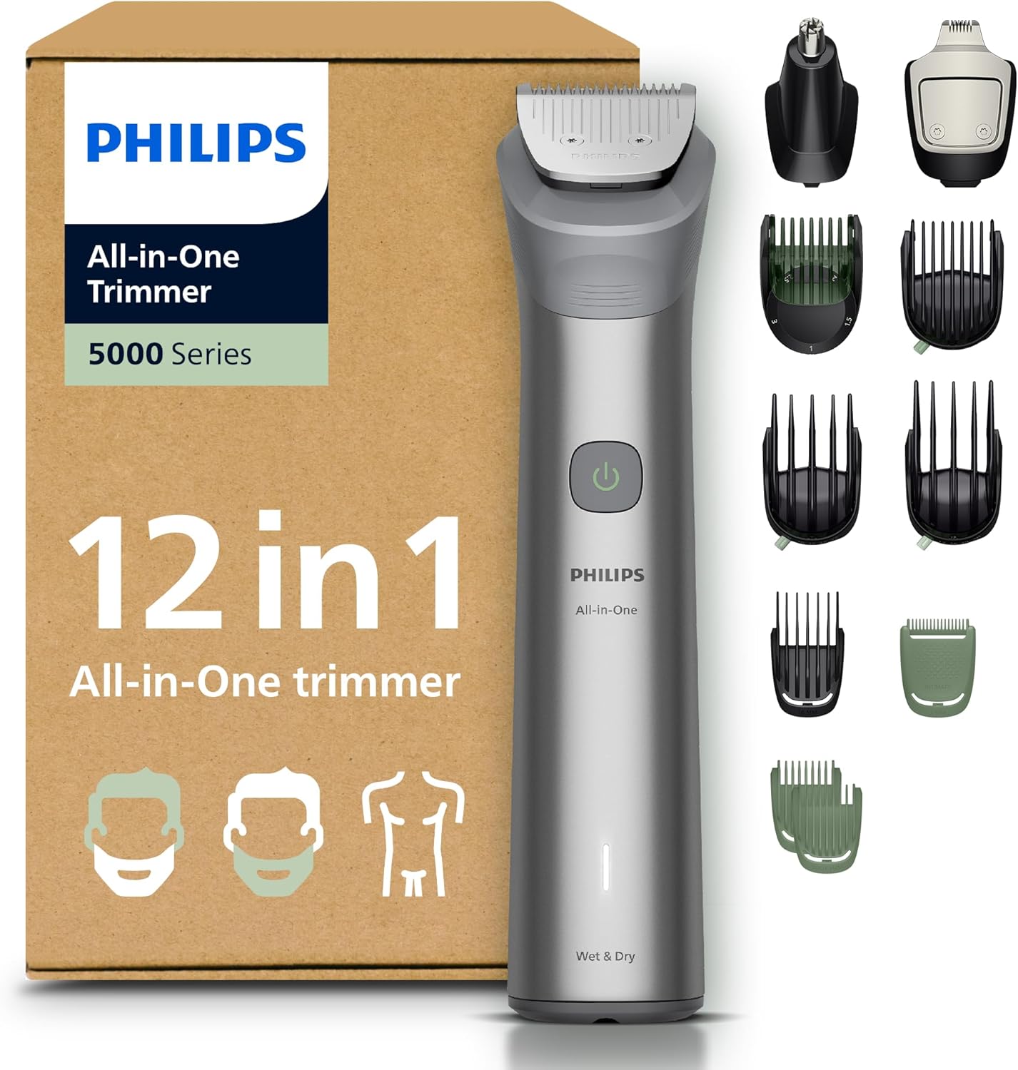 Philips Multigroom série 5000 Tondeuse tout-en-un 12 accessoires – tondeuse pour barbe, cheveux et corps, lames en métal auto-affûtées, 20 hauteurs de coupe (0,5-20 mm), modèle MG5952/30 - Image 1