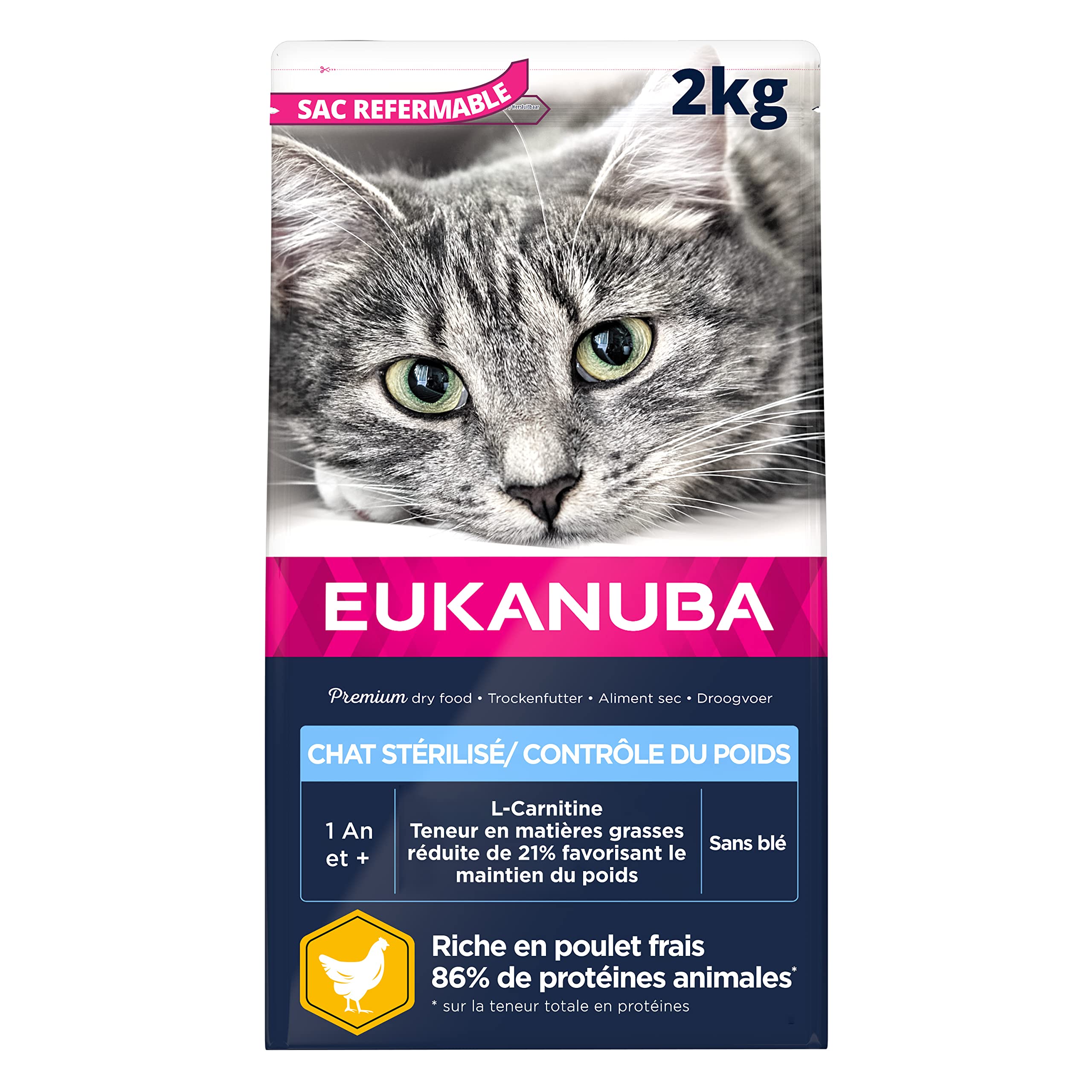 EUKANUBA - Sterilized or Overweight Cat Premium Dry Food – Adult, Senior – Complete and Balanced Food - Rich in Rice - Fresh Chicken – Non-GMO, Wheat Free - Resealable Bag – 2kg - Image 1