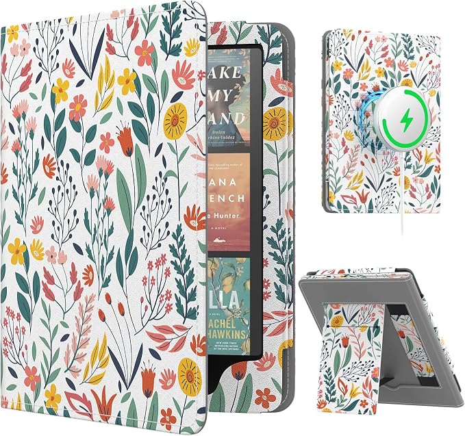 MoKo Magnetic Case for 7"/6.8" Kindle Paperwhite Signature Edition (12th/11th Gen-2024/2022) and Kindle Colorsoft, Compatible with iphone Magsafe for Samsung/Anker Wireless Charging, Flower - Image 1