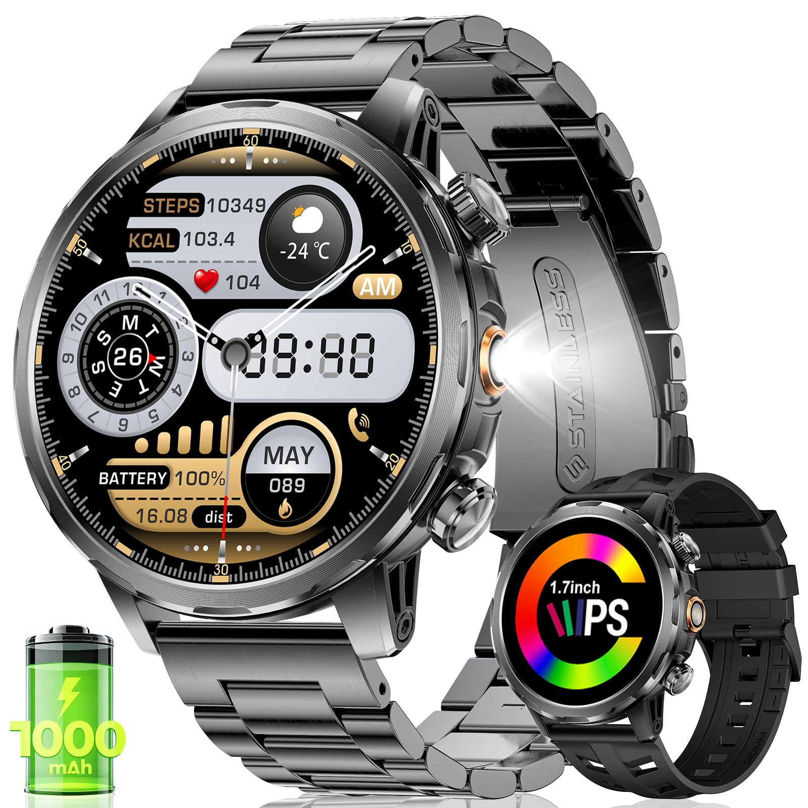 Men's Smart Watch with Bluetooth Call 1000mAh, 1.7 Inch HD Screen/LED Lamp/100+ Sports Modes, Heart Rate Monitoring/SpO2/Sleep IP68 Waterproof Compatible with Android iOS - Image 1