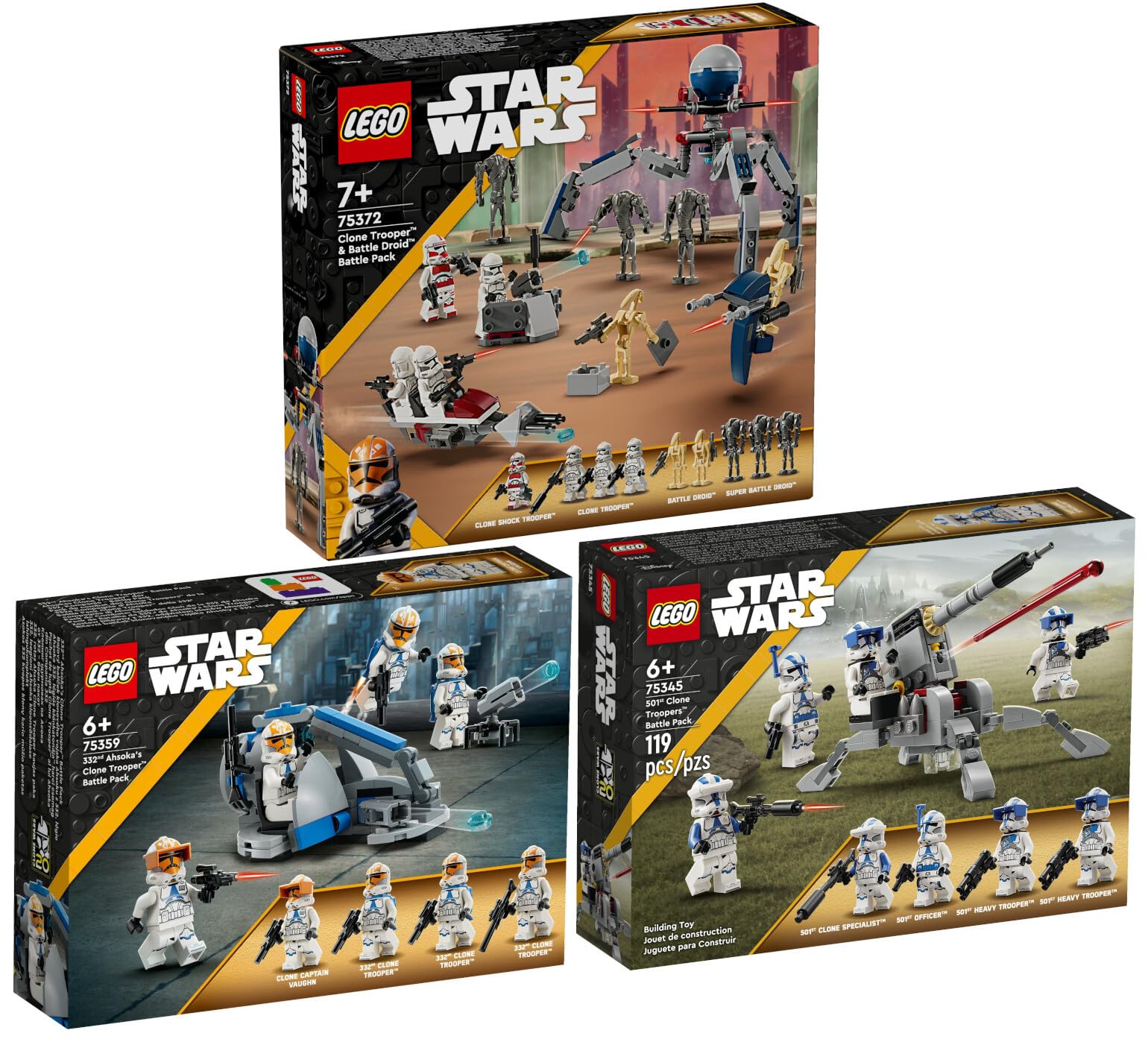 Lego Star Wars Set: 75372 Clone Trooper & Battle Droid Battle Pack, 75359 Clone Trooper from 332nd Company Battle Pack & 75345 501st Clone Troopers Battle Pack - Image 1