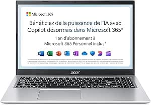 Acer Aspire 1 A115-32-C3AK 15.6 Inch Full HD Laptop (Intel Celeron N4500, 4GB RAM, 128GB eMMC, Intel UHD Graphics, Windows 11), AZERTY Keyboard, Grey, Microsoft 365 Personal 12 Months Included