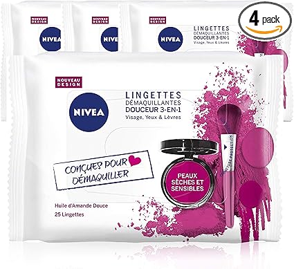 NIVEA 3-in-1 Gentle Makeup Remover Wipes (4 x 25 ST), 3-in-1 Make-up Remover Dry and Sensitive Skin with Sweet Almond Oil, Face Cleanser, Eye & Lip Cleanser - Image 1