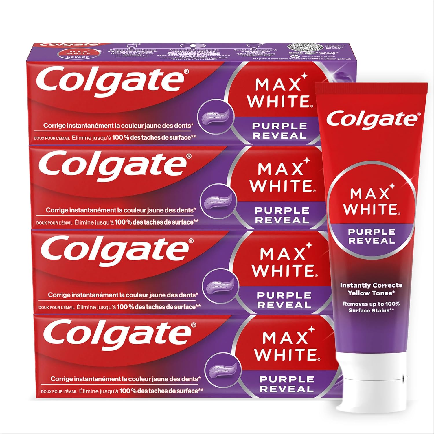 COLGATE - Dentifirice Max White Purple Reveal -Blanchiment dentaire| Révèle des dents plus blanches instantanément* | Dentifrice menthe au fluor | Haleine fraîche | 4 X 75 ml - Image 1