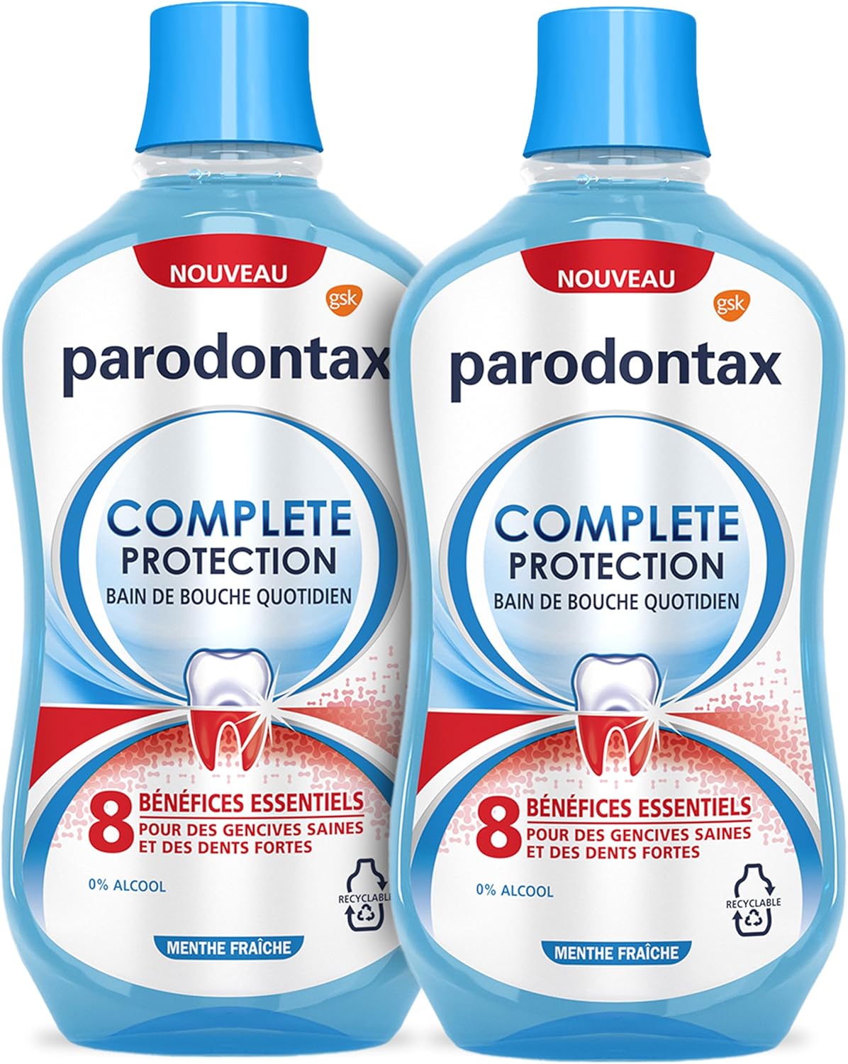 PARODONTAX - Bain de Bouche Quotidien Complete Protection - 8 Bénéfices pour des Gencives Saines & des Dents Fortes - Combat les Bactéries de la Plaque Dentaire - 0% Alcool - Menthe Fraîche - 2x500 ml - Image 1