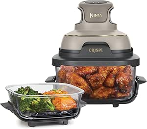 NINJA CRISPi Air Fryer Compact Design, 2 Interchangeable Glass Capacities with Lids, 3.8L or 1.4L Capacity, 4-in-1, Removable Dishwasher Safe Parts, Stone/Gold FN101EUSTGD - Image 1