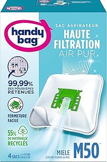 Handy Bag - Sacs aspirateur M50 x4sacs - Compatibles Miele - 99,99% des poussières retenues - Fermeture facile - Filtre anti-allergène - 55% de matériaux recyclés, Blanc - Image 1
