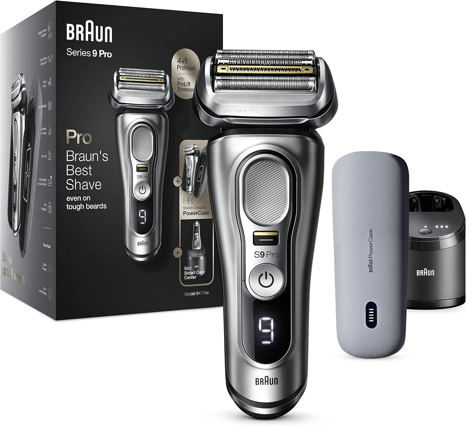 Braun Series 9 Pro Men's Beard Electric Shaver, 4+1 Head with Prolift Trimmer, Powercase, Centre Smartcare, 60 Min Battery Life, Wet & Dry, 9477CC - Image 1