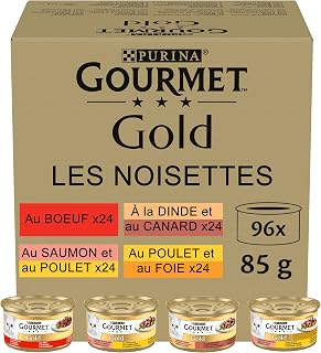 GOLD | Hazelnuts | Adult Cat | Sliced in sauce | Beef, Chicken, Liver, Turkey, Duck Turkey, Salmon-Chicken | Meal Portions | Box | 96 x 85g - Image 1