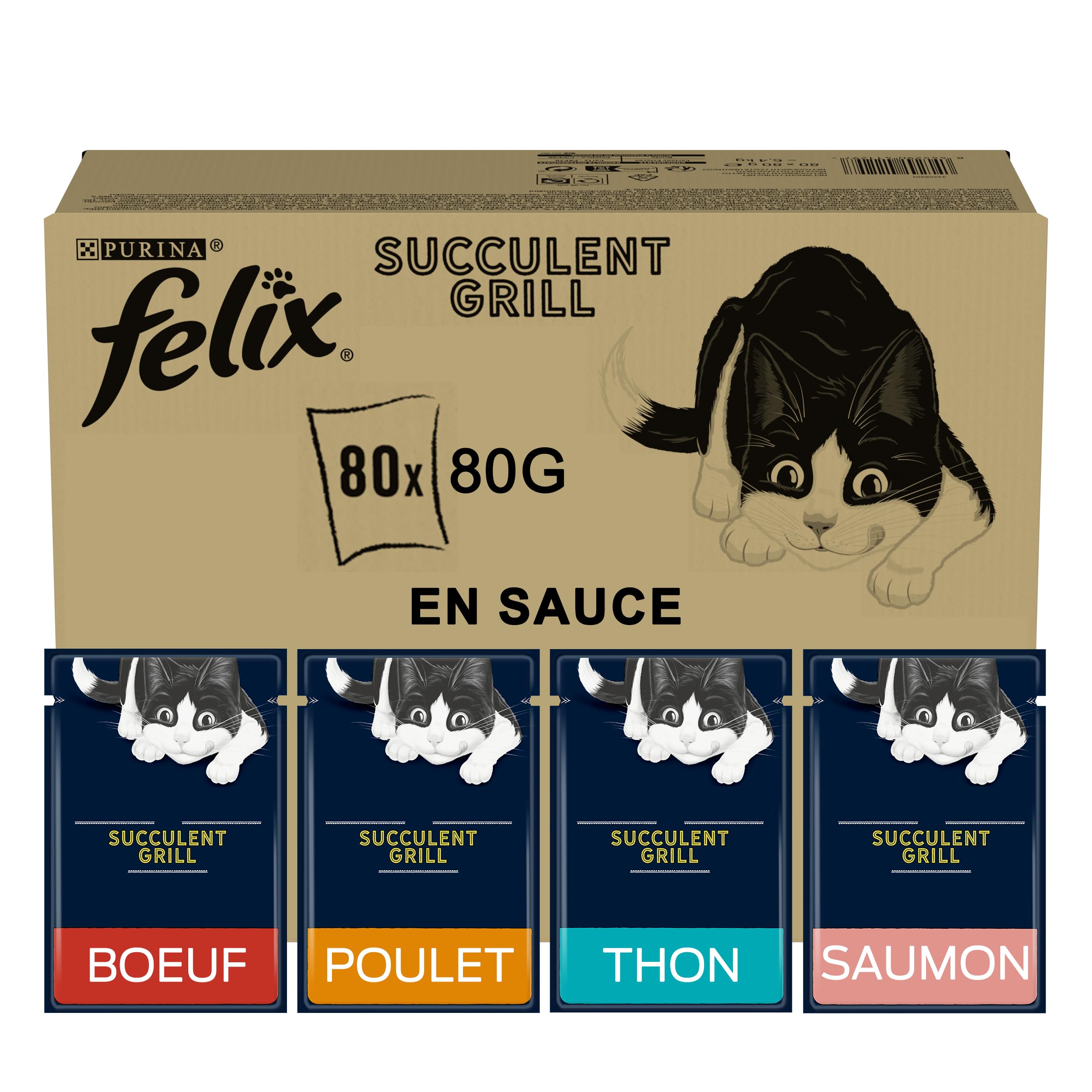 Felix | Succulent Grill | Complete Food for Adult Cats | Mixed Selection: Chicken, Beef, Salmon, Tuna | In Sauce | Single Serving | 80x80g - Image 1