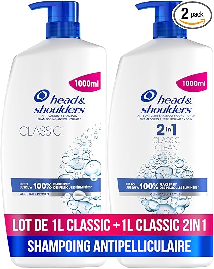 Bundle of Head & Shoulders Classic & Classic 2-in-1 Anti-Dandruff Shampoo with Pump 1000 ml. Daily use. Up to 100% of dandruff eliminated, clinically proven. - Image 1