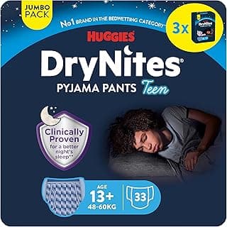 HUGGIES DryNites Pantalon de pyjama pour garçon de 13 ans et plus (48-60 kg), 33 pantalons d'énurésie nocturne, jusqu'à 100% sans fuite