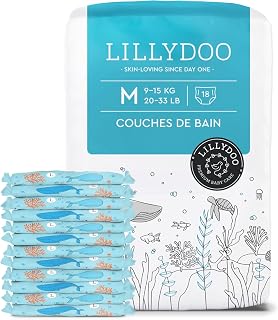 LILLYDOO - Couches de Bain Jetables, Douces pour la Peau des Bébés, Taille M (9-15 kg), 1 paquet (18 pièces), Protection Optimale dans l'Eau, Design Aquatique - Image 1