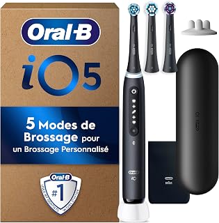 Oral-B Brosse A Dents Electrique iO 5 Noire, 5 Modes De Brossage Dont Blancheur, Capteur De Pression Sur Les Gencives, 3 Brossettes De Rechange Oral B, Etui De Voyage, Chargeur, Emballage Carton - Image 1