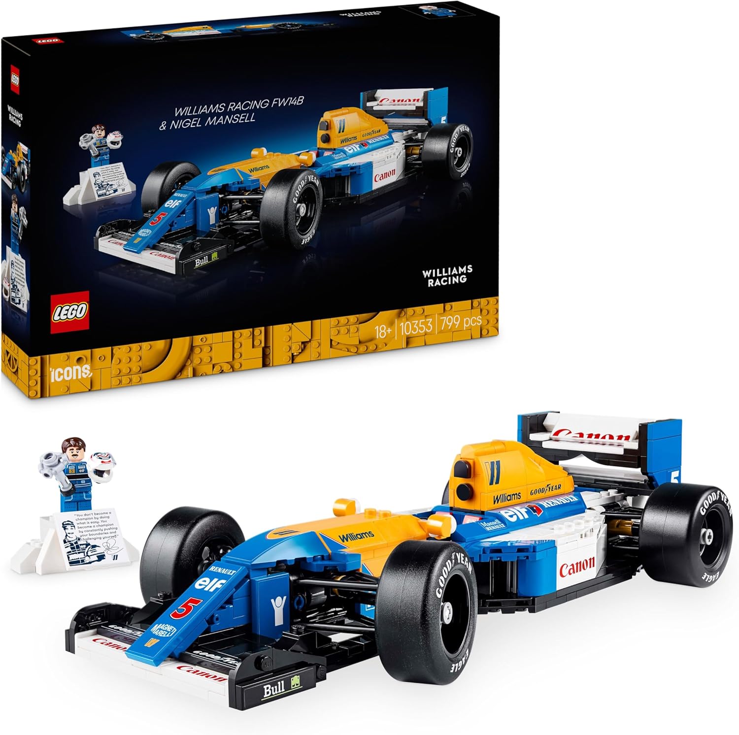 LEGO Icons Williams Racing FW14B et Nigel Mansell - Maquette de Voiture de F1 - Inclut minifigurine Collector de Pilote avec trophée et Casque - Idée Cadeau pour Adulte et Adolescent 10353 - Image 1