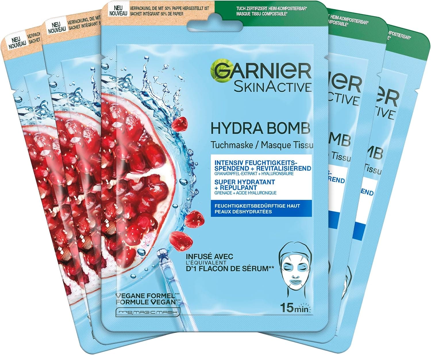Garnier Set de Masques en Tissu pour le Visage à la Grenade pour Peau Sèche, Revitalisant et Hydratant, Avec Acide Hyaluronique et Extrait de Grenade, SkinActive, Hydra Bomb, 5x 28g