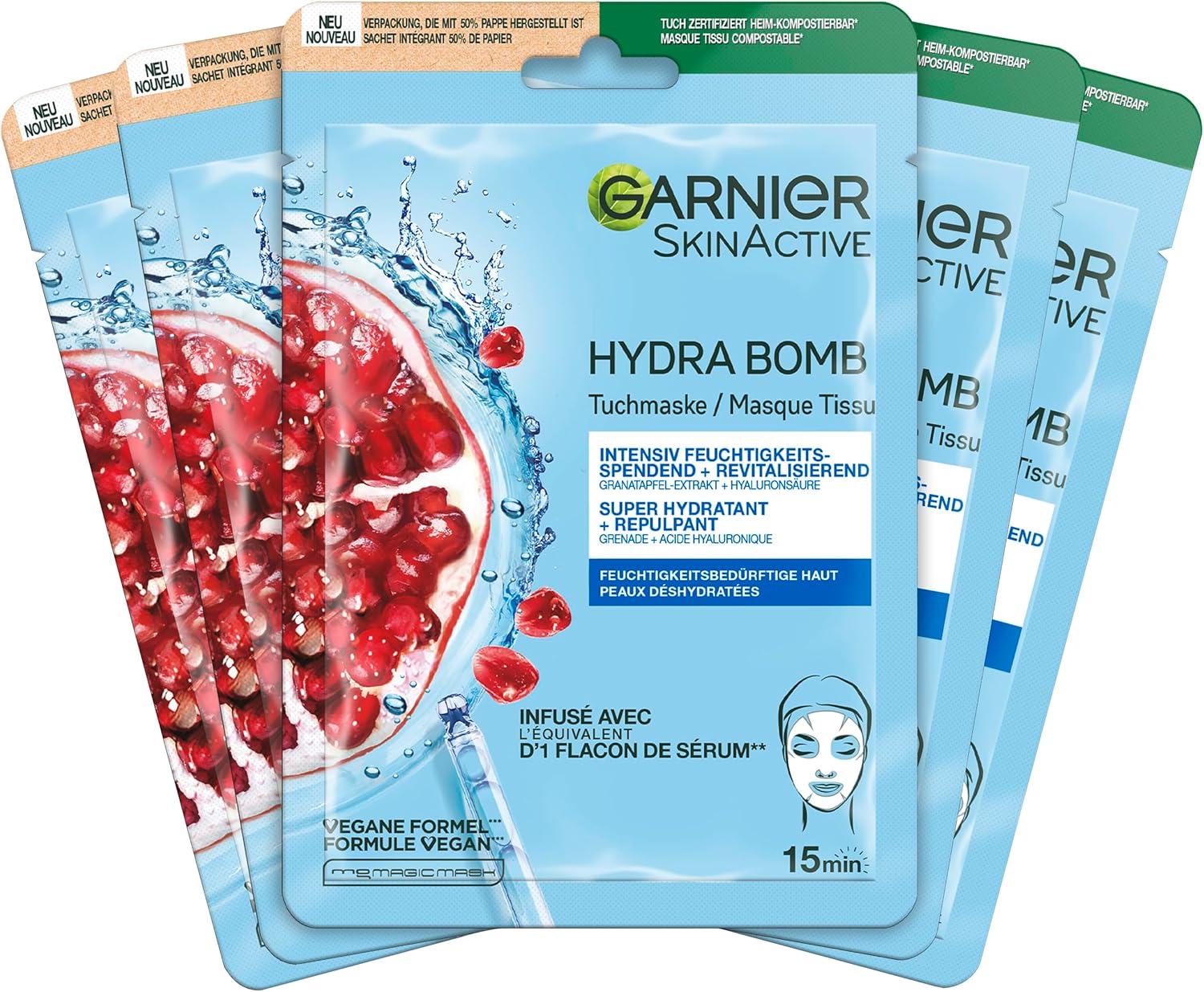 Garnier Set de Masques en Tissu pour le Visage à la Grenade pour Peau Sèche, Revitalisant et Hydratant, Avec Acide Hyaluronique et Extrait de Grenade, SkinActive, Hydra Bomb, 5x 28g - Image 1