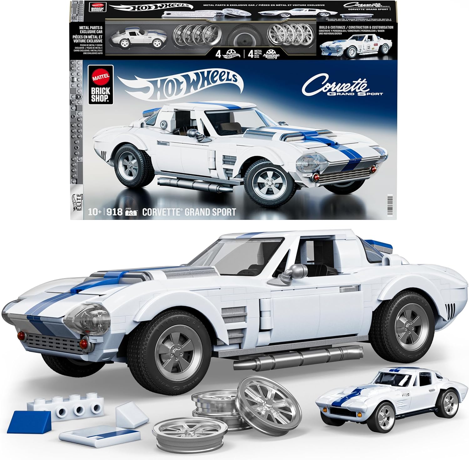 Mattel Brick Shop Hot Wheels Coffret de Construction Corvette Grand Sport, série Elite,918 pièces, pour Les collectionneurs, JGR31, Blanche - Image 1