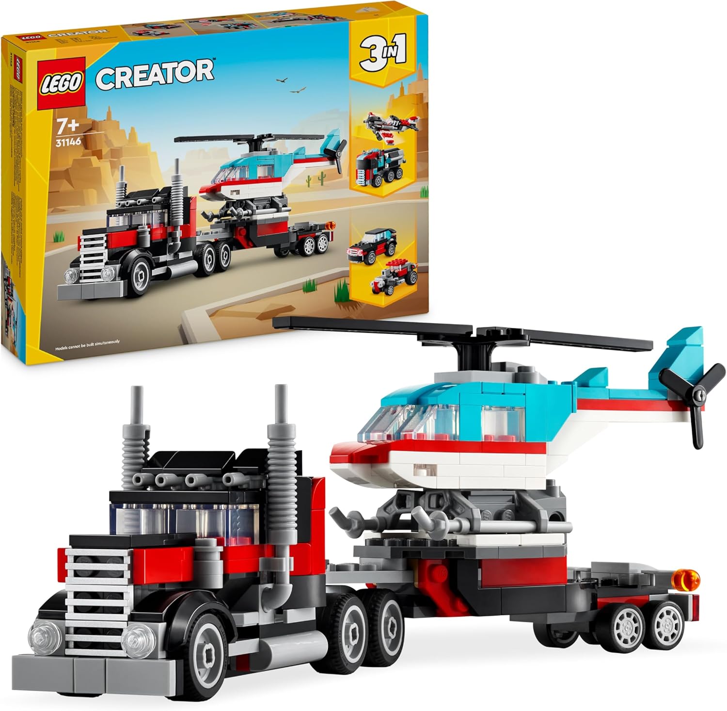 LEGO Creator 3in1 Flatbed Truck with Helicopter Toy to Propeller Plane and Fuel Lorry to Hot Rod and SUV Car Toys for 7 Plus Year Old Boys, Girls and Kids Who Love Cool Vehicles, Gift Idea 31146 - Image 1