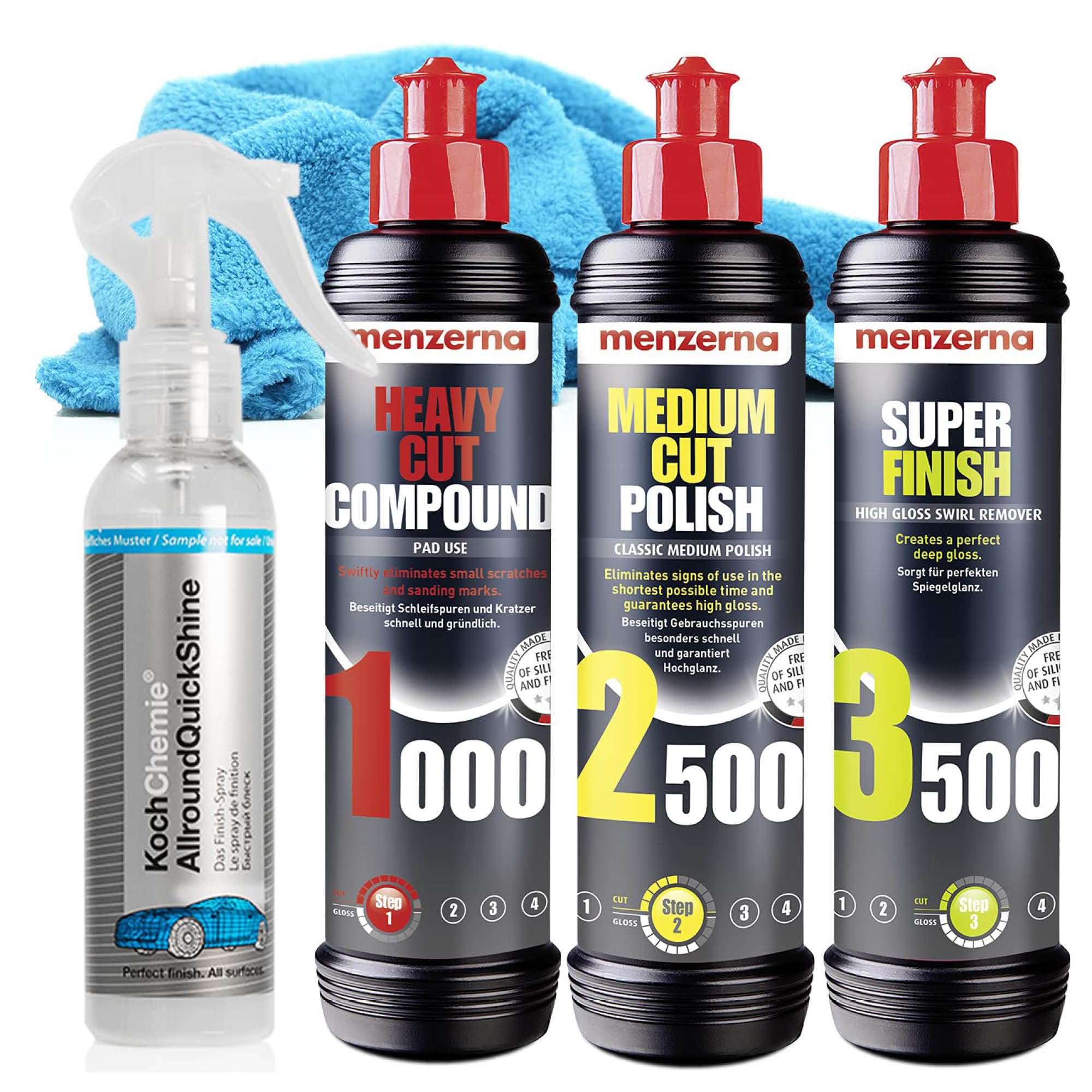detailmate Menzerna Car Polishing Kit Heavy Cut 1000 + Medium Cut 2500 + Super Finish 3500 + Microfibre Cloth 550 GSM + Sonax Brilliant Shine Detailer - Image 1