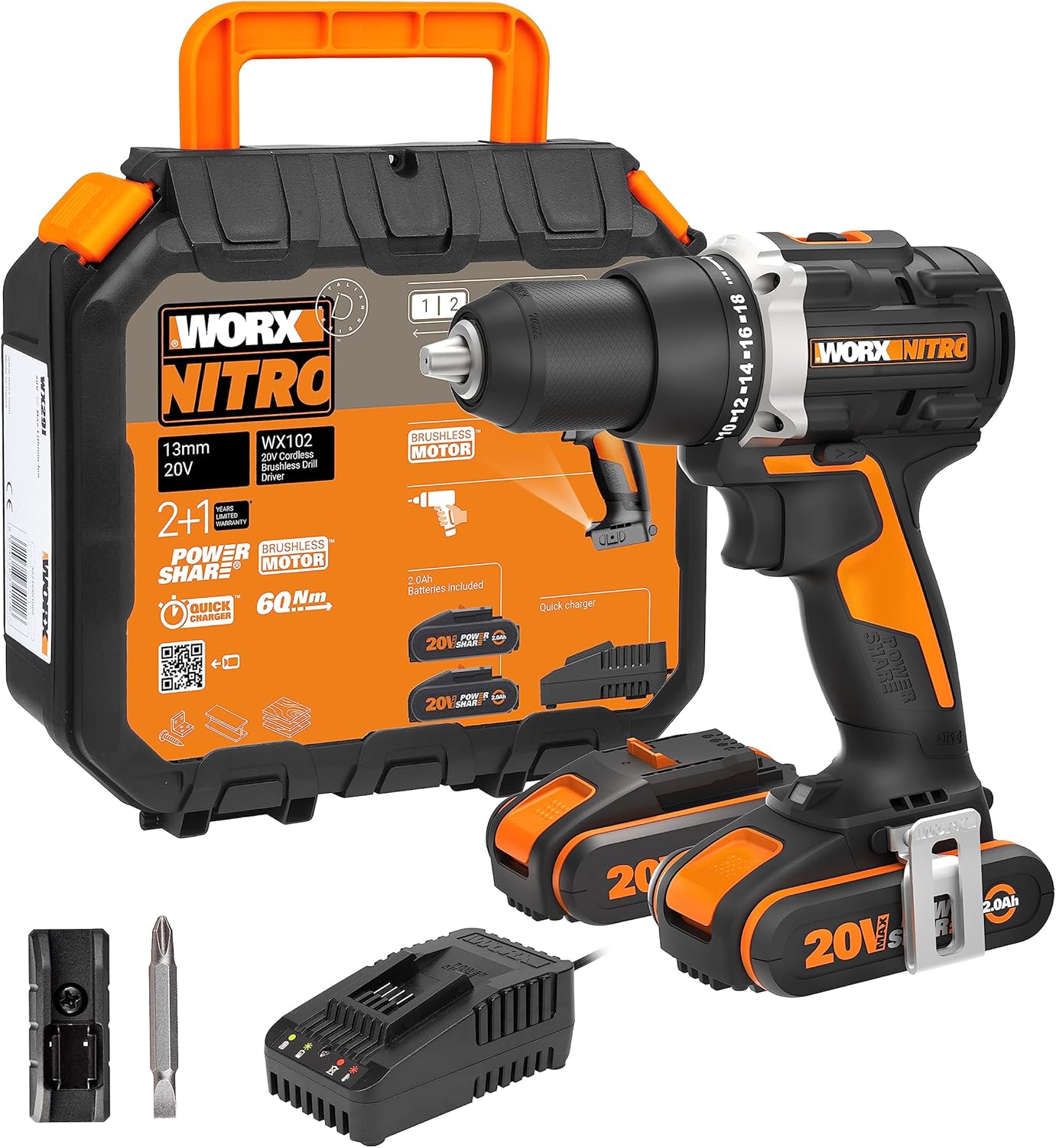 WORX Perceuse Visseuse sans Fil Brushless 20V WX102, Compacte et légère, Couple 60Nm, Mandrin 13mm, 2 vitesses, Lumière LED, Vissage et Dévissage, Livrée avec 2 Batteries 2Ah et Chargeur rapide - Image 1