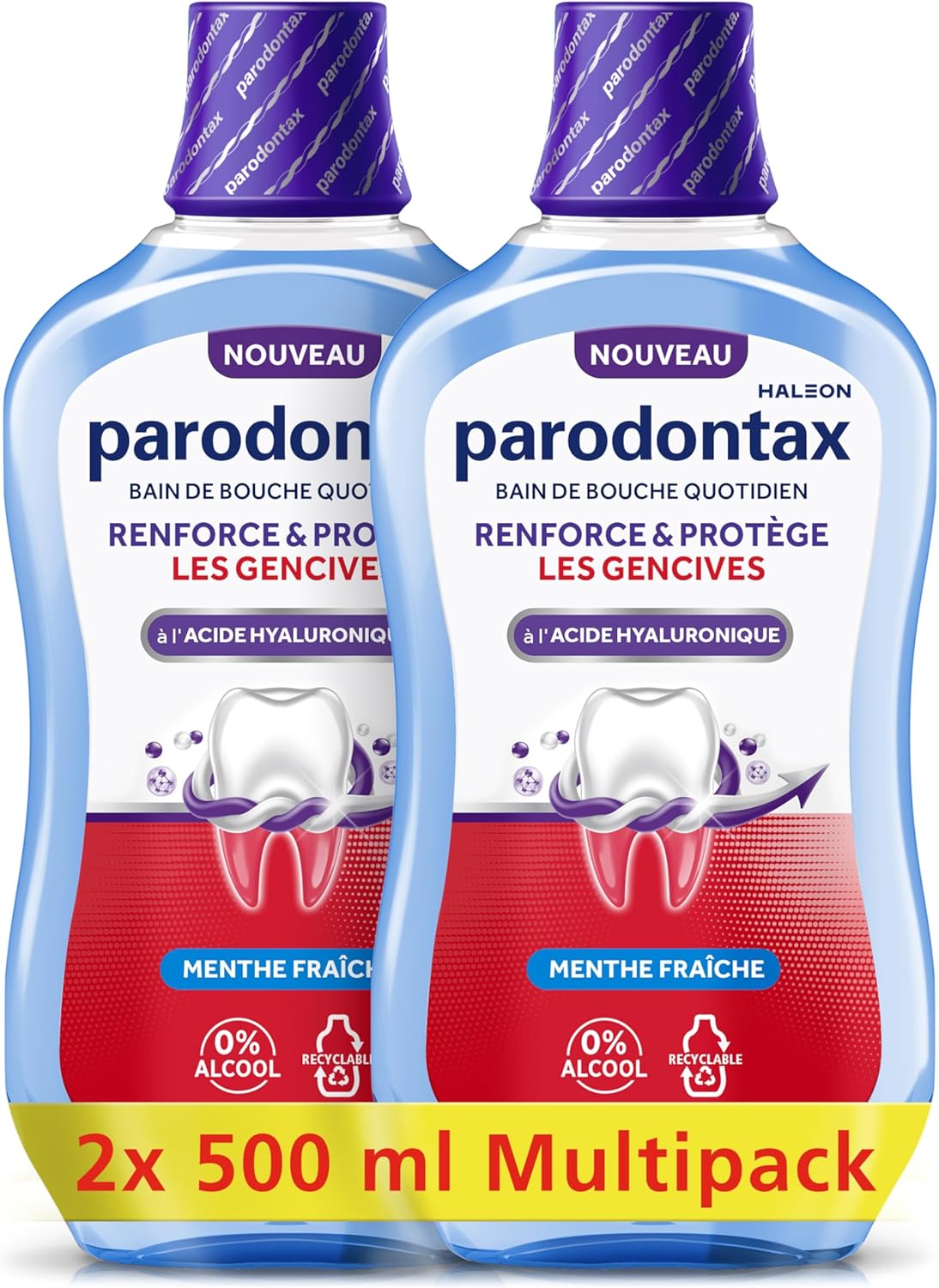 PARODONTAX - Bain de Bouche Quotidien à l'Acide Hyaluronique - Renforce & Protège les Gencives - Combat les Bactéries de la Plaque Dentaire - 0% Alcool - Menthe Fraîche - 2 x 500 ml - Image 1