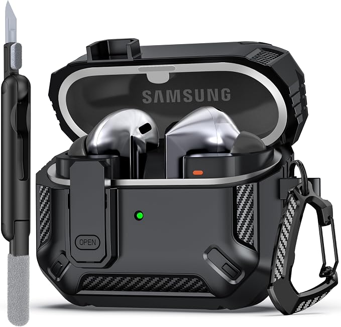 For Samsung Galaxy Buds3/Galaxy Buds3 Pro (2024) with Lock Closure, Military Grade Anti-Fall Earphone Case with Hiking Buckle and Cleaning Kit - Black - Image 1