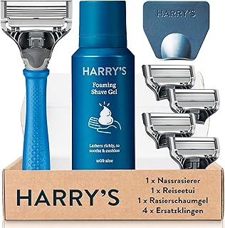 Harry's Rasoir humide pour homme - Kit de rasage avec poignée bleue, 4 lames de rasage de rechange, protection de lame de voyage, gel à raser 60 ml, lames de rasage pour homme - Image 1