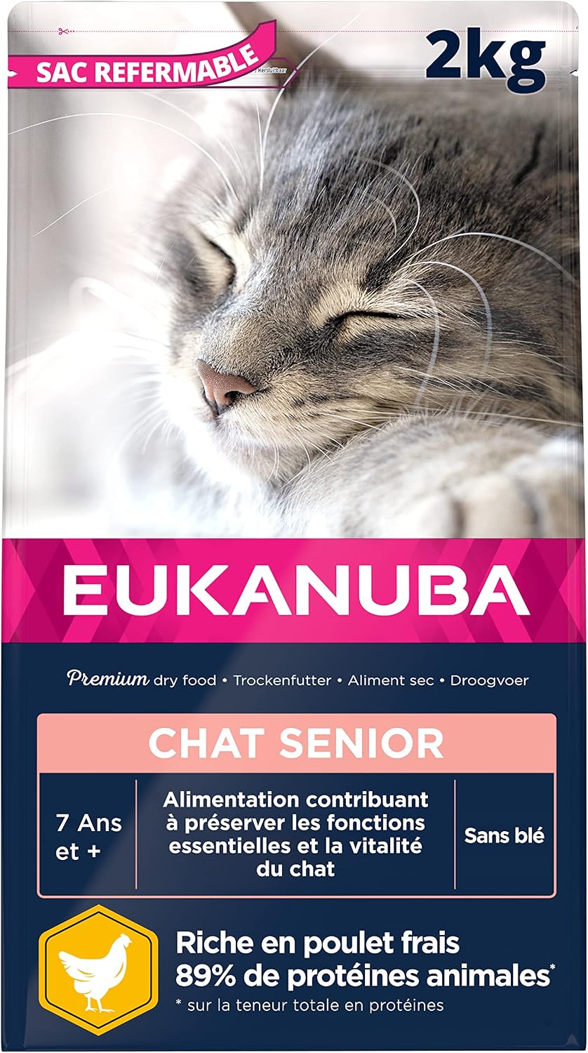 EUKANUBA Premium Dry Food for Senior Cat - 100% Complete and Balanced Food - Rich in Rice - Fresh Chicken - L-Carnitine - Non-GMO, Wheat Free - Resealable Bag - 2kg - Image 1