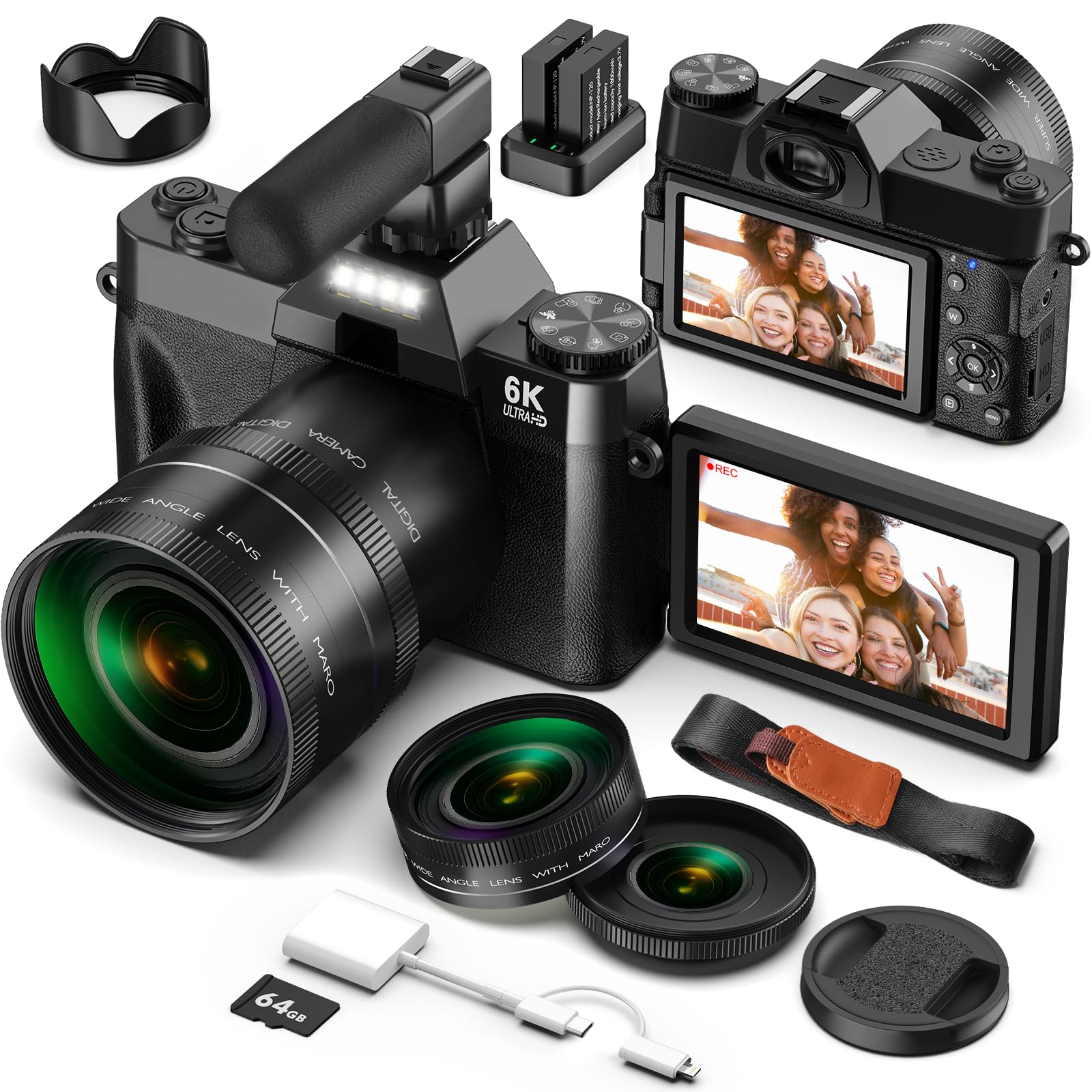 6K 64MP Digital Camera for Vlog with WiFi, 64GB TF Card, Microphone, Autofocus, 16X Zoom Compact and Portable Camera for YouTube, Travel, Beginners, Macro Lens and Wide Angle - Image 1