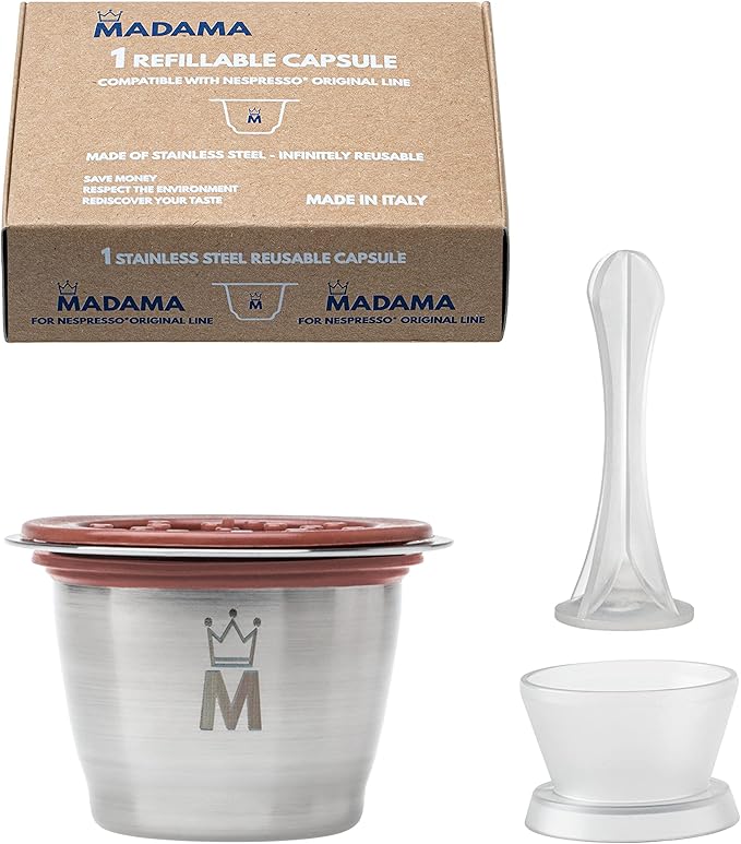 Madama - Refillable and reusable capsule compatible with Nespresso. Stainless steel with silicone lids. Made in Italy. Pack of 1 capsule - Image 1