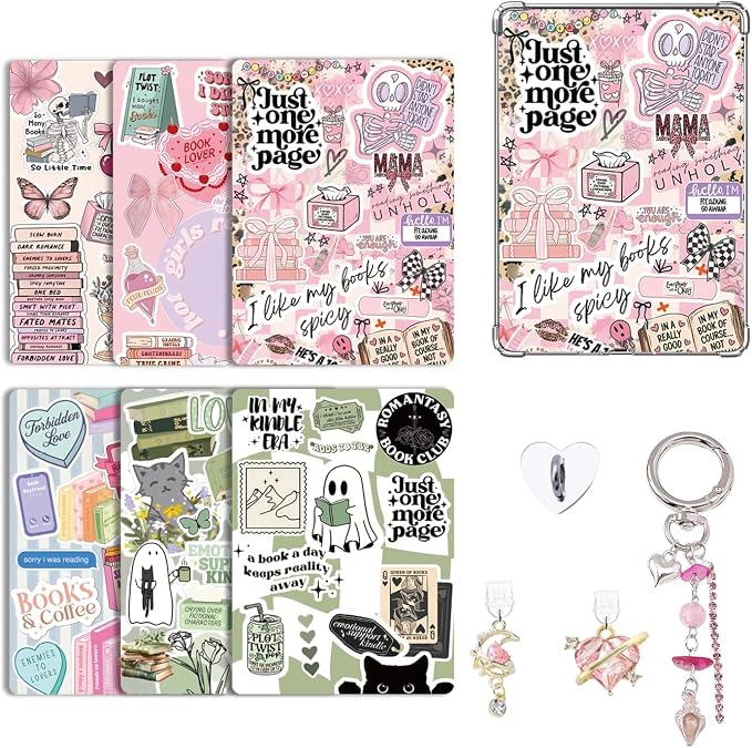 Decorative Accessories Set for Kindle Paperwhite 11th/12th Generation, 6 Decorative Paper Cards, 2 USB-C Dust Plugs with Charms, Pink Pendant Key Ring for Kindle E-Reader, Gift Reading - Image 1