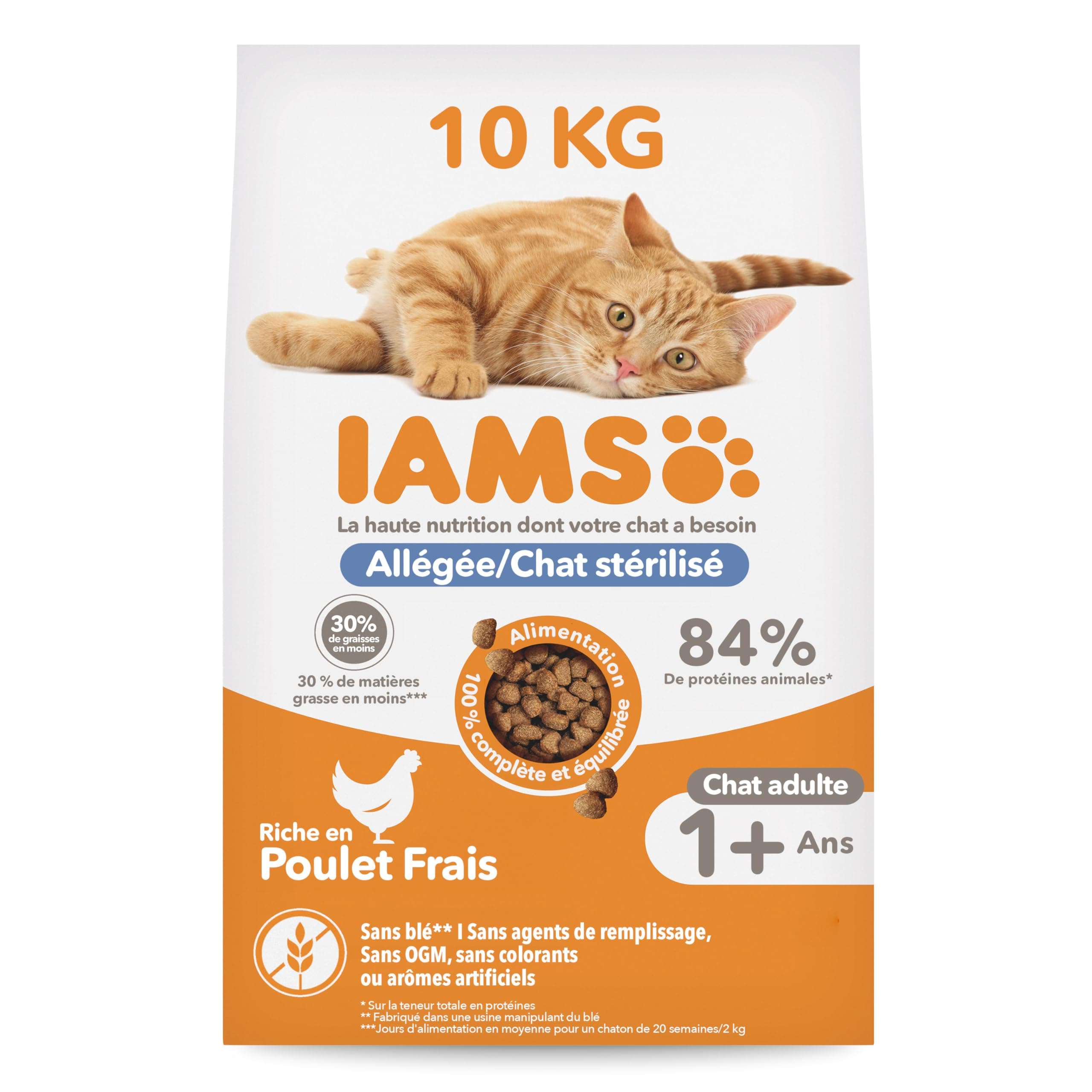 IAMS Advanced Nutrition - Croquettes Allégées - Adaptées aux Chats Stérilisés - Complètes équilibrées - Favorise Le contrôle du Poids - Au Poulet Frais - sans OGM colorants arômes artificiels - 10 kg
