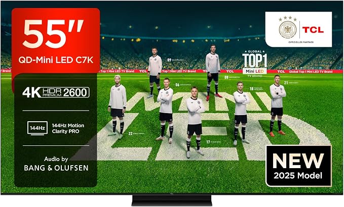 TCL 55C7K QD-Mini 55" 4K HDR Premium LED TV Dolby Vision IQ & Atmos, Bang & Olufsen Sound, Smart TV with Google TV, 144Hz, HDMI 2.1, AMD FreeSync Premium Pro, AirPlay 2, Google Assistant - Image 1
