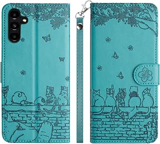 Case for Samsung Galaxy A36, Butterfly Cats Design Leather Flip Case, Anti-Shock Magnetic Wallet Protective Case with Card Slots, Blue Green - Image 1