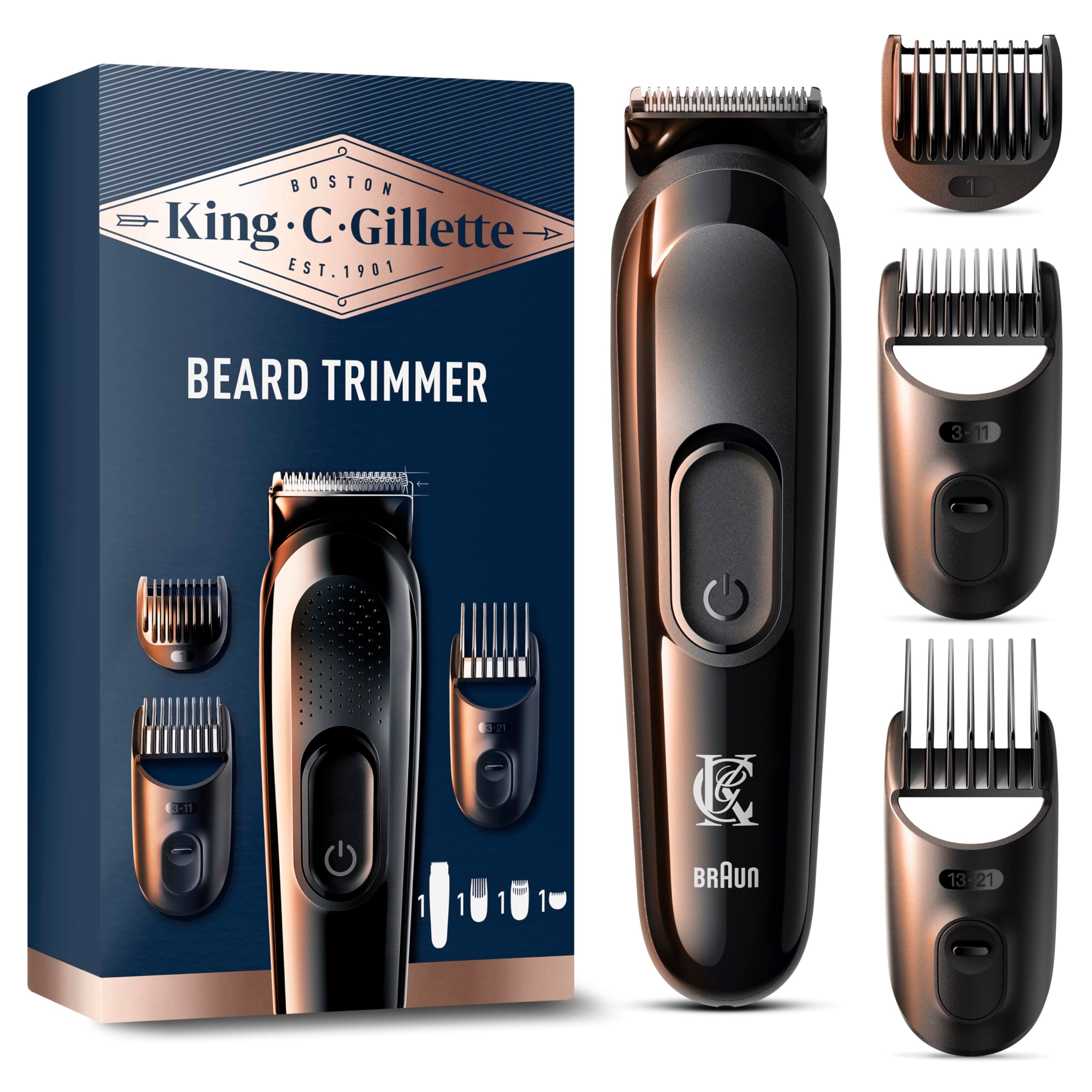 King C. Gillette Kit tondeuse à barbe pour homme, tondeuse sans fil + lames aiguisées de longue durée et 3 régulateurs de longueur interchangeables pour le soin de la barbe