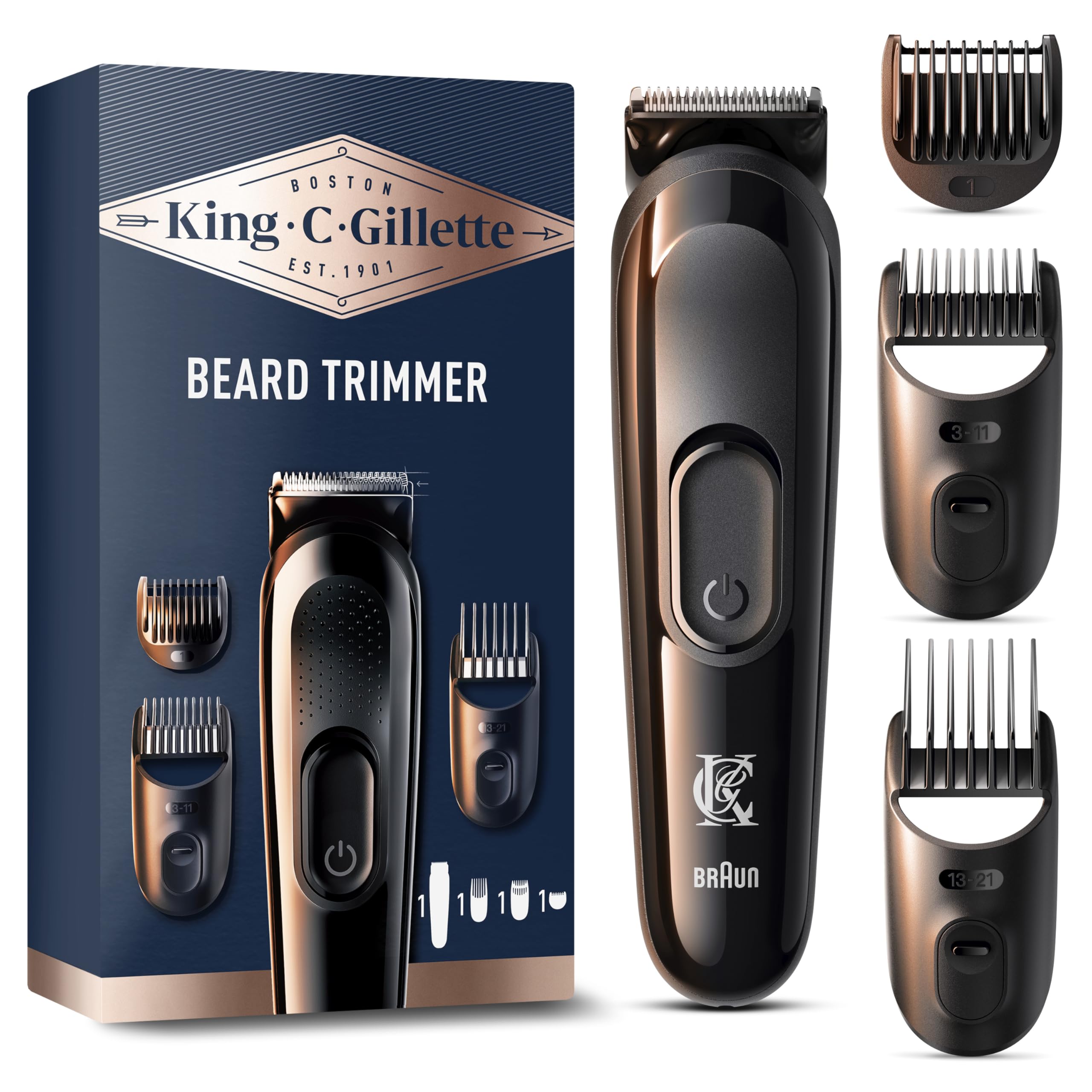 King C. Gillette Kit tondeuse à barbe pour homme, tondeuse sans fil + lames aiguisées de longue durée et 3 régulateurs de longueur interchangeables pour le soin de la barbe - Image 1