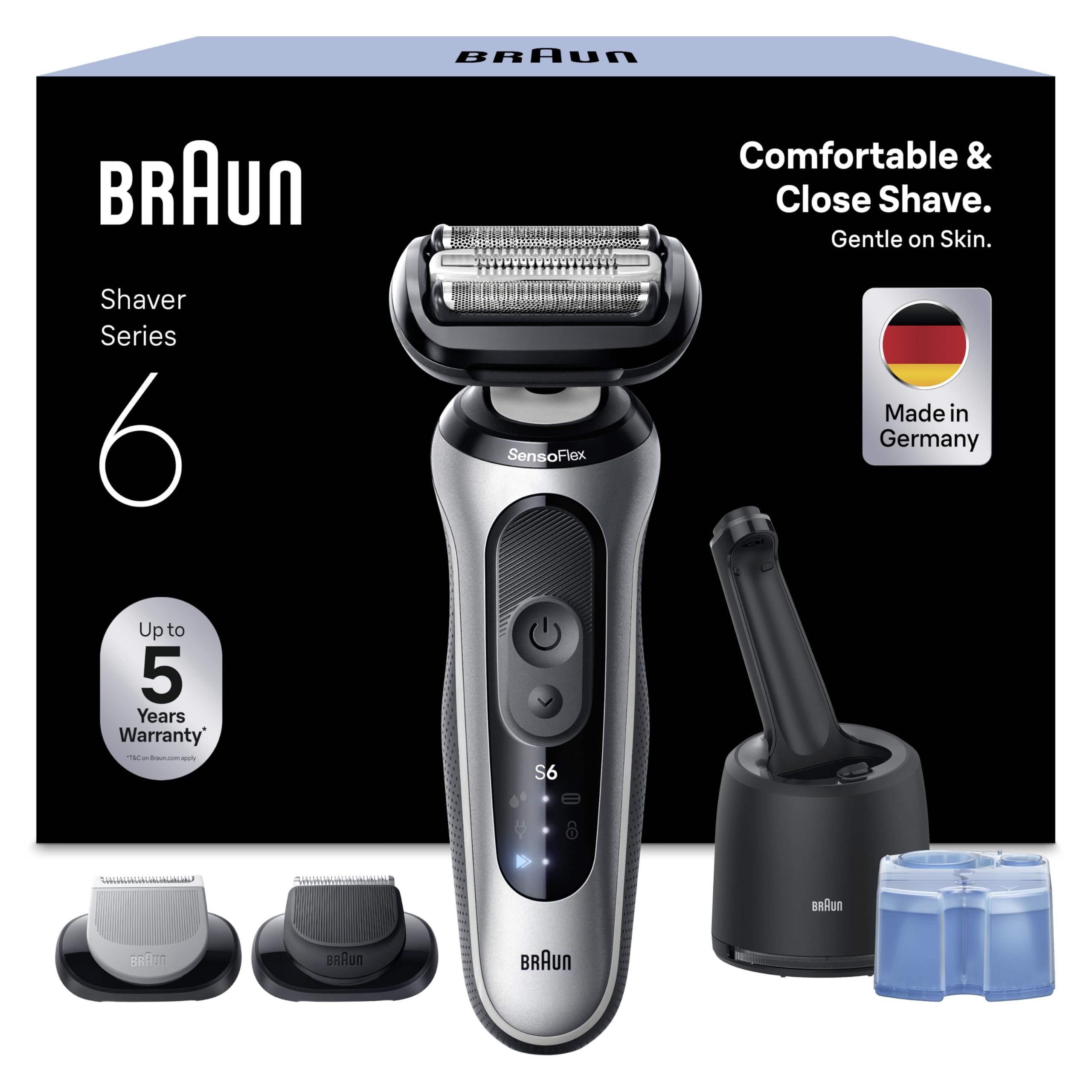 Braun Men's Electric Shaver Series 6 62-S7650CC Silver, Waterproof, Flexible Blades for Gentle Shaving and Shaving, 2 Shaving Modes, Body Trimmer, Cleaning Station Set - Image 1