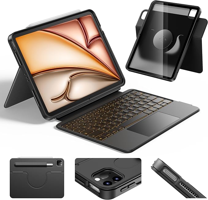 HOU Rotating Keyboard for iPad Air 11 (M3/M2) 2025, Detachable Magnetic Case with Keyboard for iPad Pro 11 (4th/3rd/2nd/1st Gen) and Air (7th/6th/5th/4th Gen), with Touchpad, Backlight - Black - Image 1