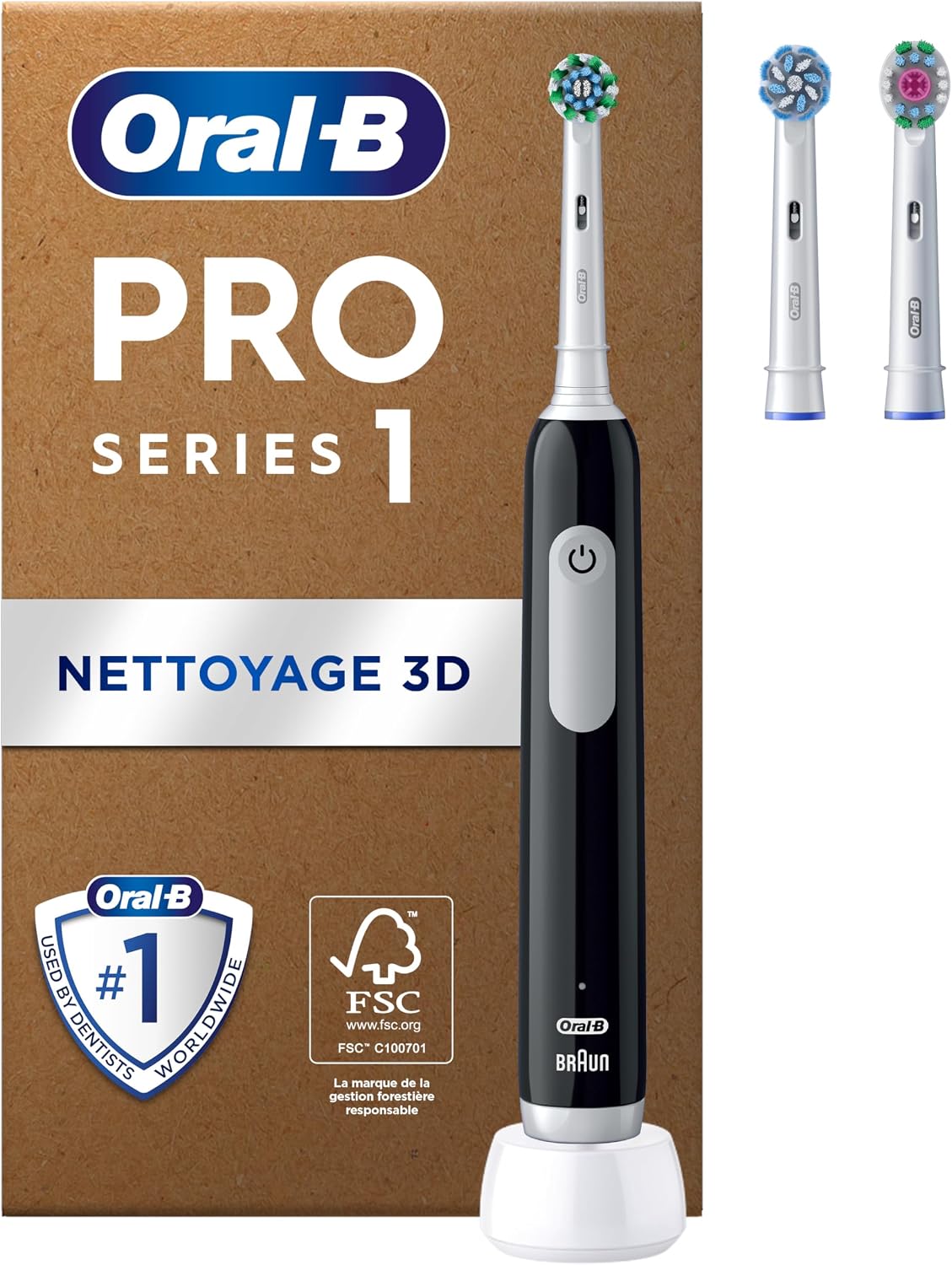 Oral-B Brosse A Dents Electrique Pro 1Noire, 3 Modes De Nettoyage 3D Dont Douceur, Brossage Avec Des Oscillo-Rotations Et Pulsations, 2 Brossettes De Rechange Rondes Oral B, Chargeur, Emballage Carton - Image 1