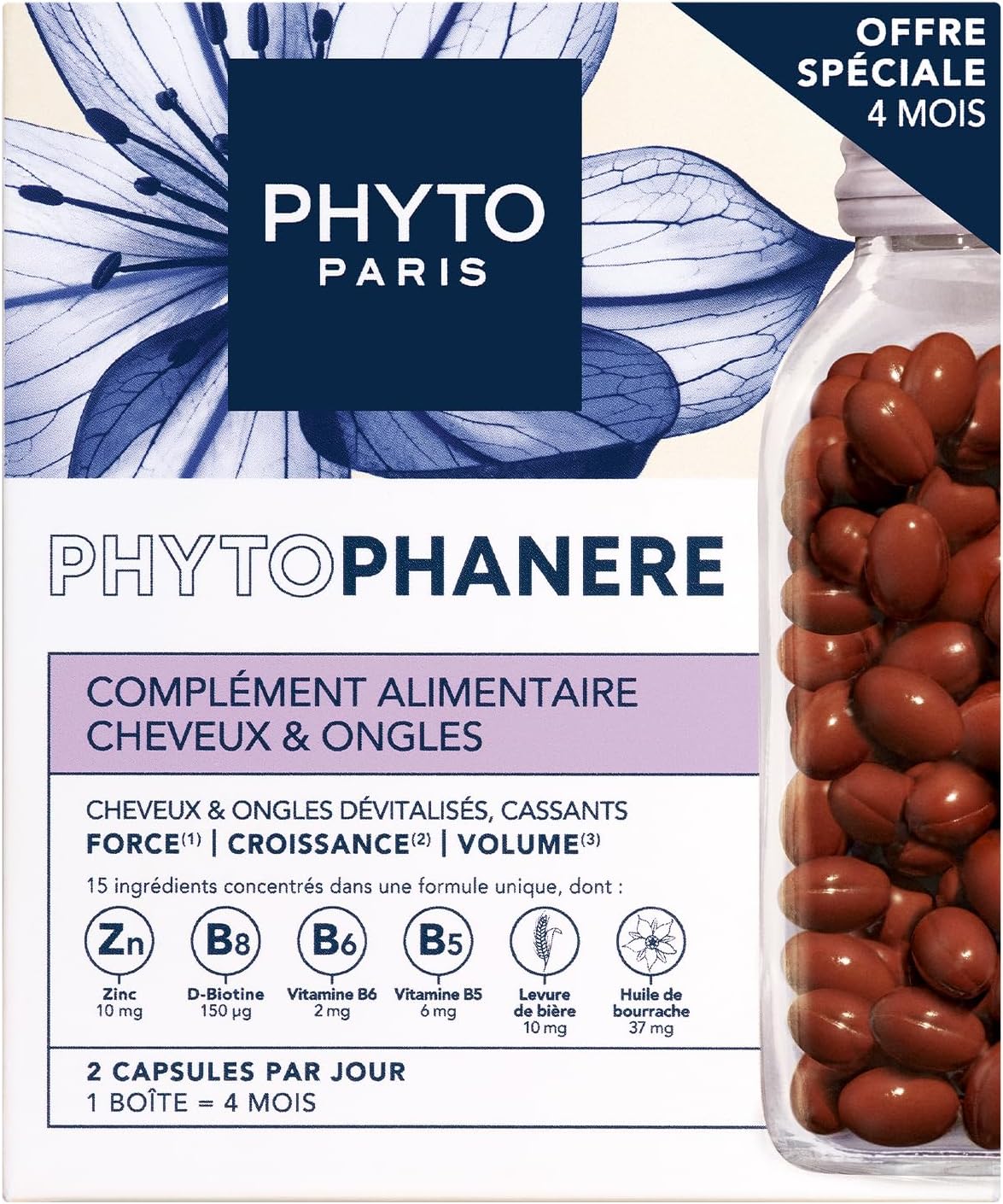 Phyto Paris Phytophanere Food Supplement for Hair and Nails Enriched with Biotin Zinc and Vitamin C Preserves Beauty and Growth Strength, Growth and Volume- 2 x 120 Capsules - Image 1