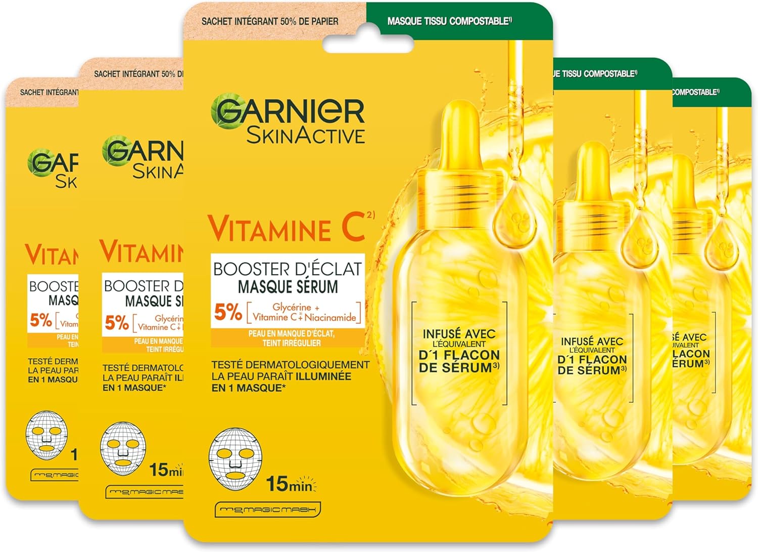 GARNIER Skin Active - Lot De 5 Masques Tissu Booster D'Éclat - Illumine, Hydrate & Repulpe La Peau - Vitamine C Et Acide Hyaluronique - Vegan & Cruelty Free - Peaux Ternes - x5 - Image 1