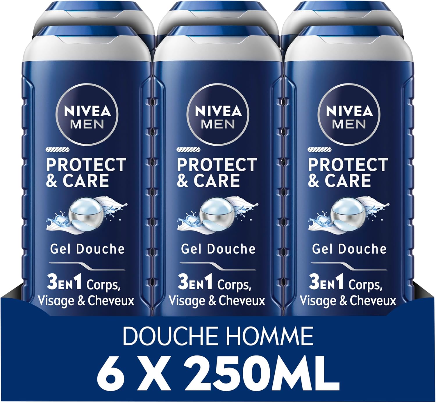 NIVEA MEN Gel douche Protect & Care (lot 6x250 ml) — Soin lavant enrichi en Aloe Vera naturel — Gel douche homme 3 EN 1 — Soin nettoyant corps visage et cheveux à la formule hydratante - Image 1