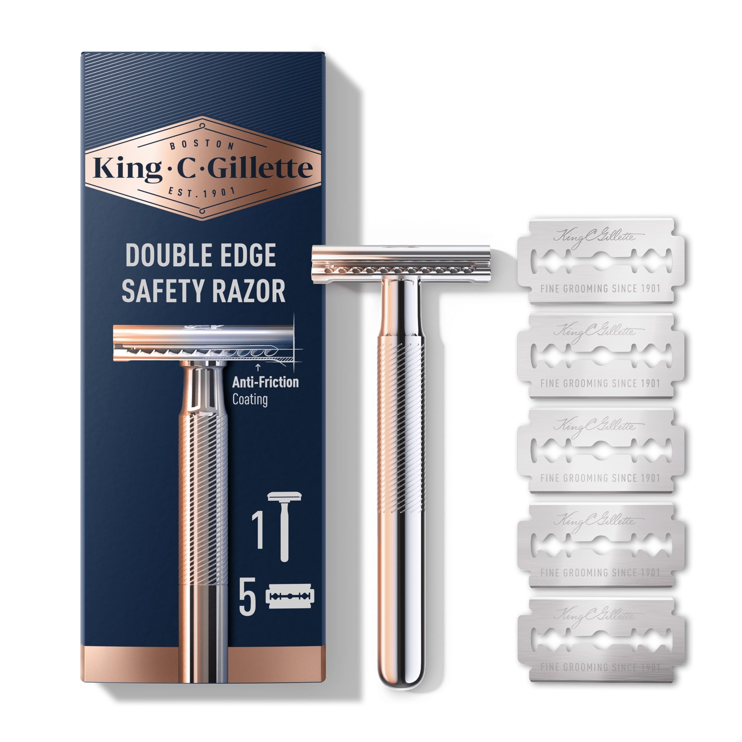 Gillette King C Men's Single Blade Safety Razor for Closer Shaving, Men's Beard Set with 5 Refill Cartridges for Easy Replacement, Metal Handle - Image 1
