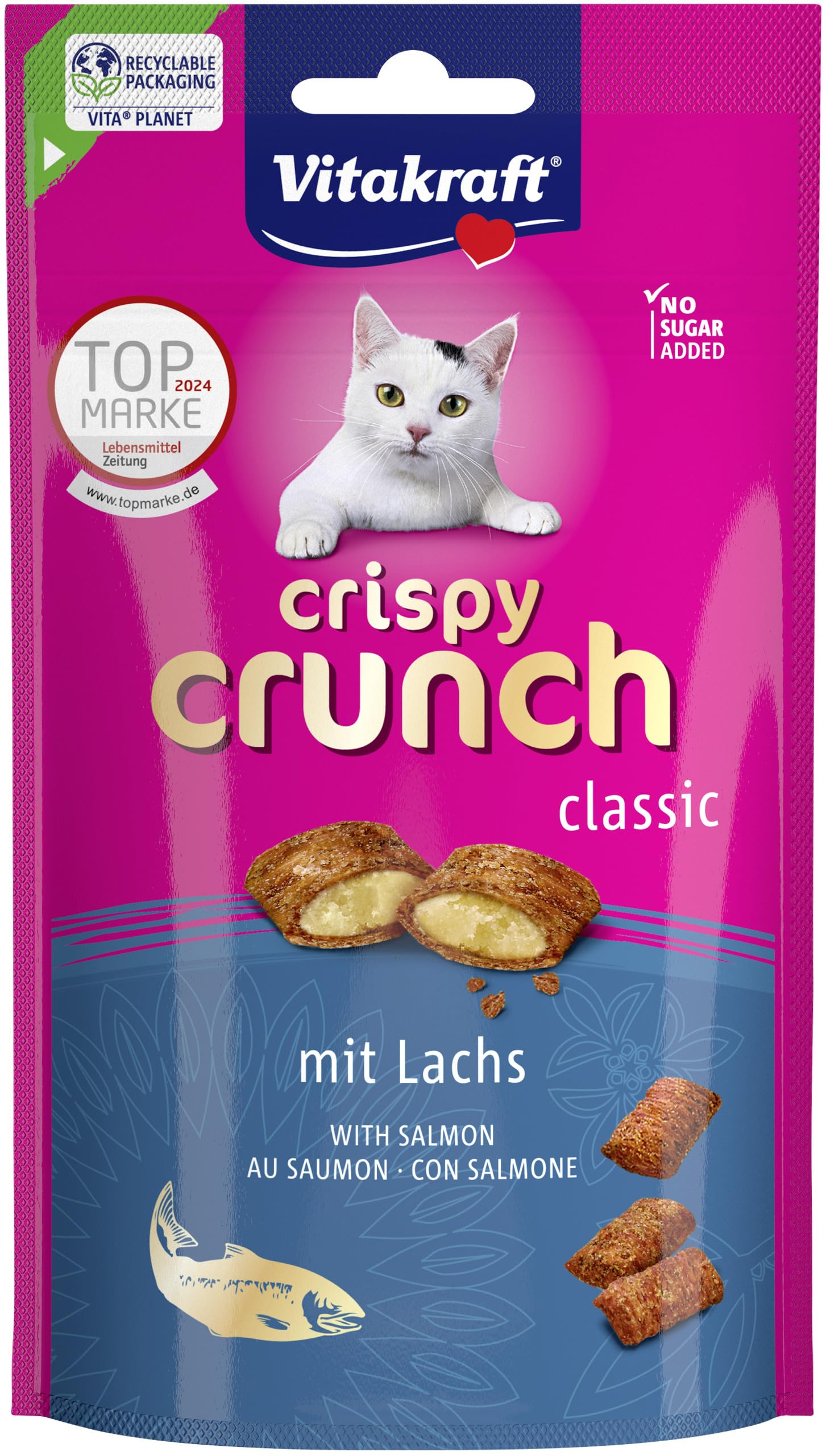 Vitakraft Crispy Crunch Classic, Cat Treats, Crispy Salmon Snack, Resealable Bag, No Added Sugar (1x 60g) - Image 1